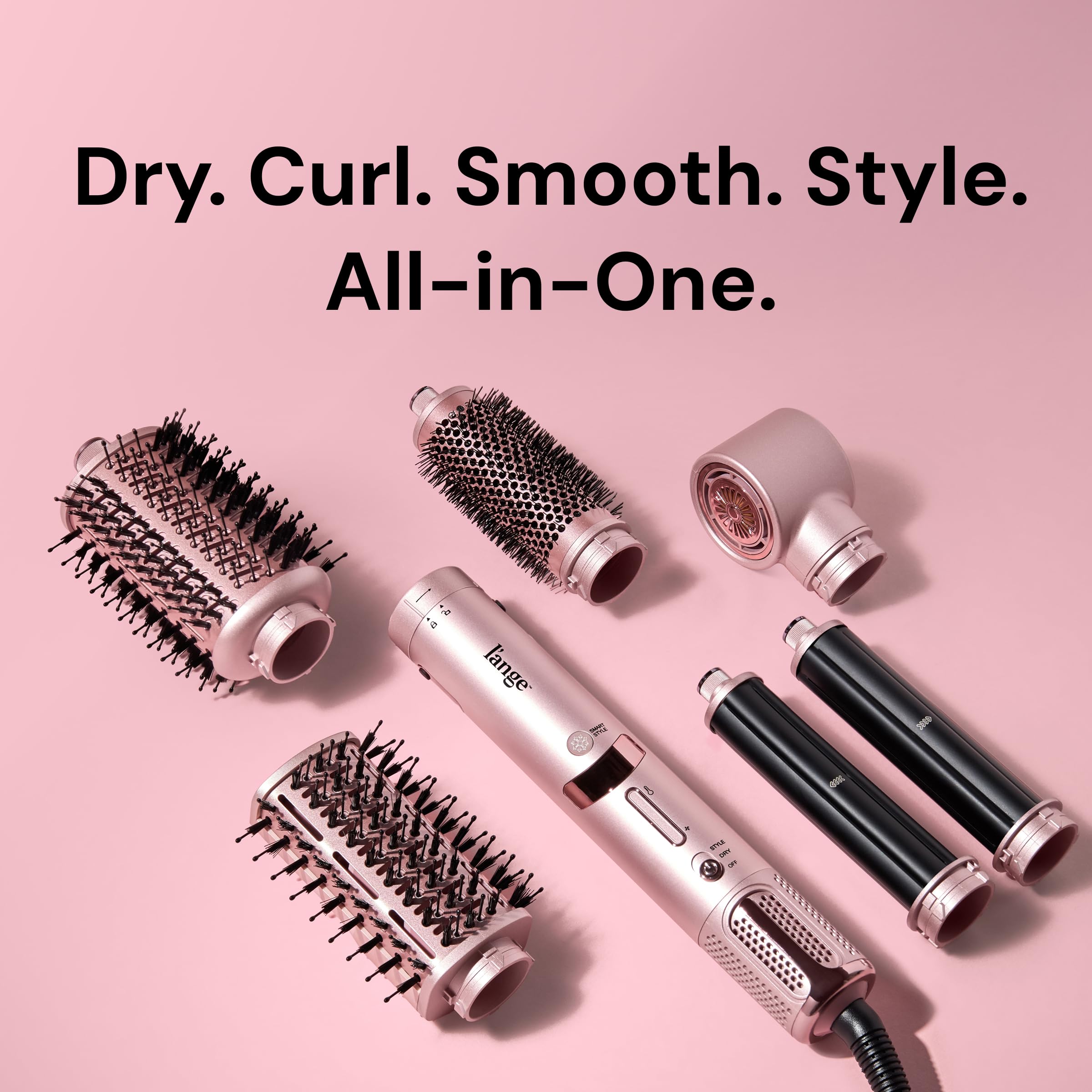L'ANGE HAIR five-in-one air styler showcasing the two auto-wrap curling barrel attachments