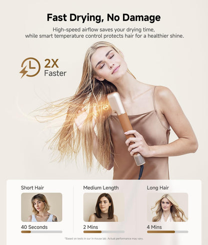 High-velocity hair dryer nozzle attachment on gold Dreame styler base