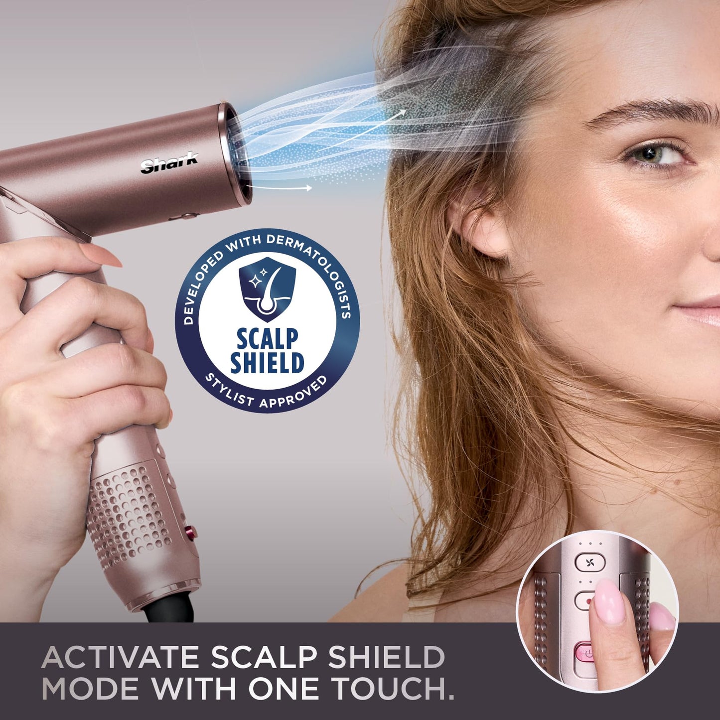 Premium Shark FlexFusion hair styling device with scalp shield button.