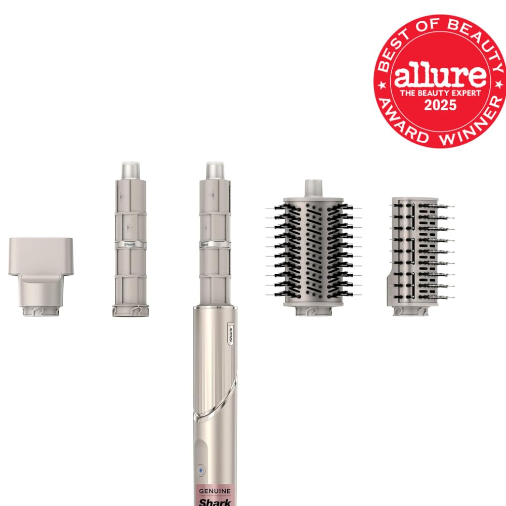 Shark multi-styler twisted into the hair dryer position with the concentrator attachment connected