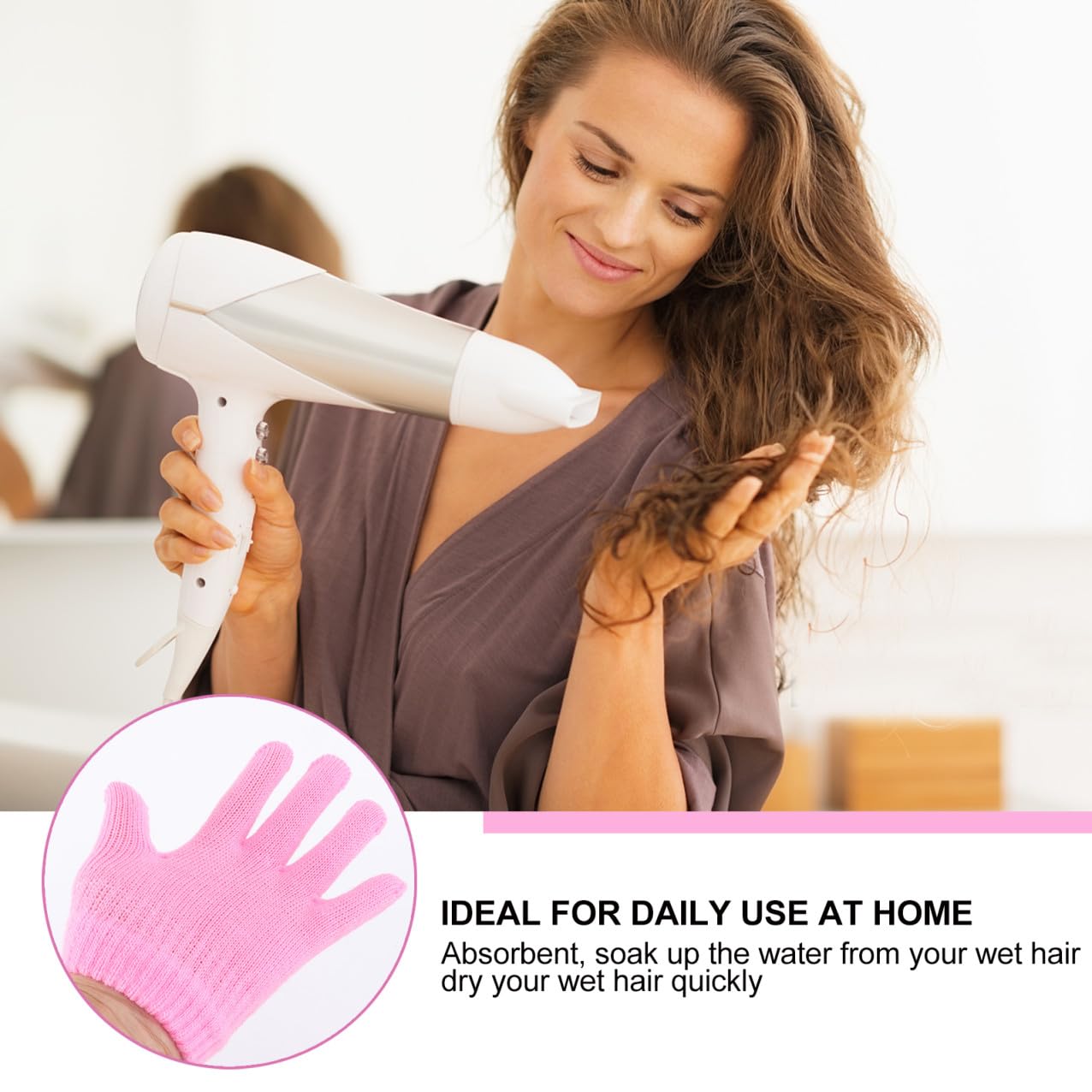 Close up of the secure ribbed cuff on pink absorbent hair mitts