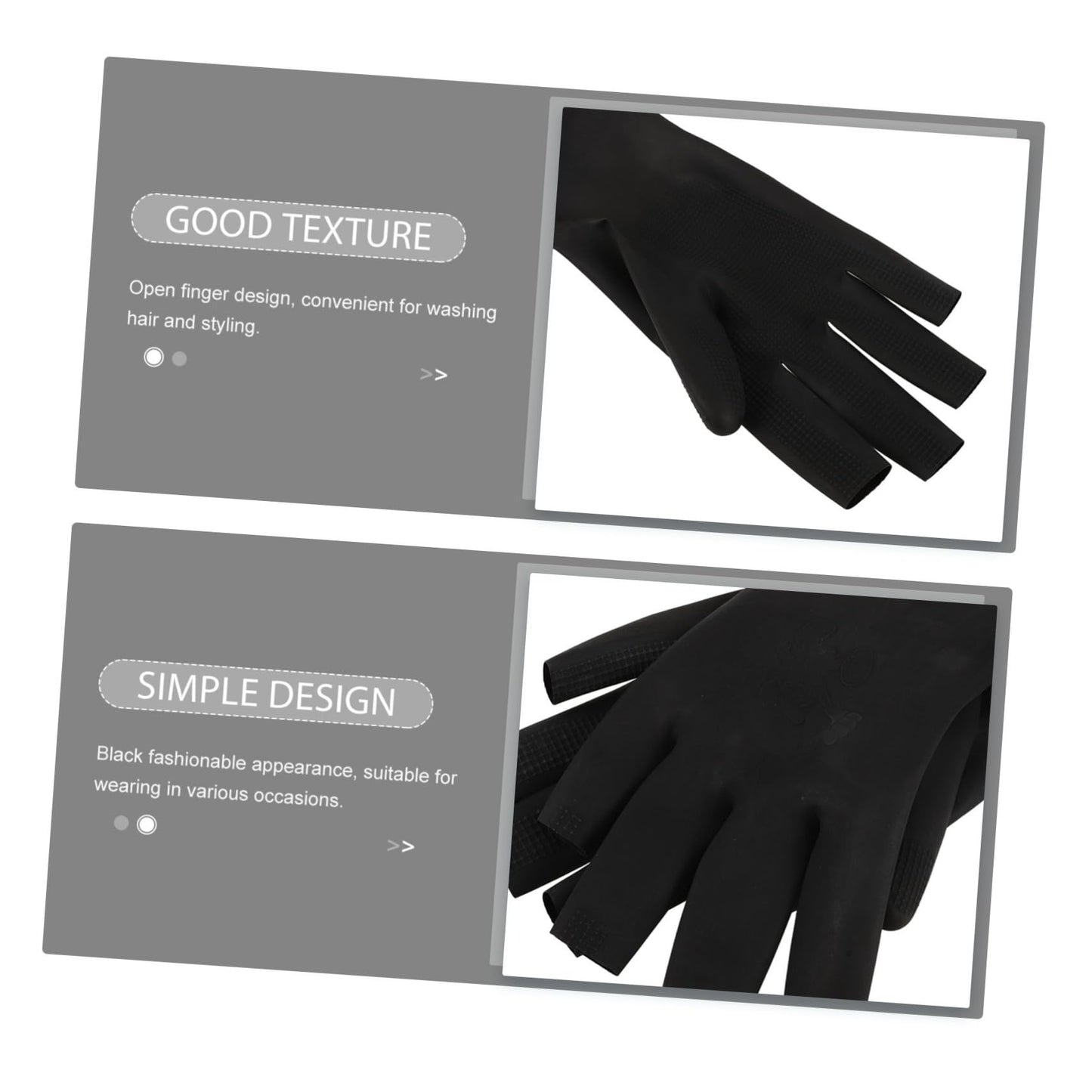 Black latex hair dye wash gloves worn on hands illustrating fingerless dexterity.