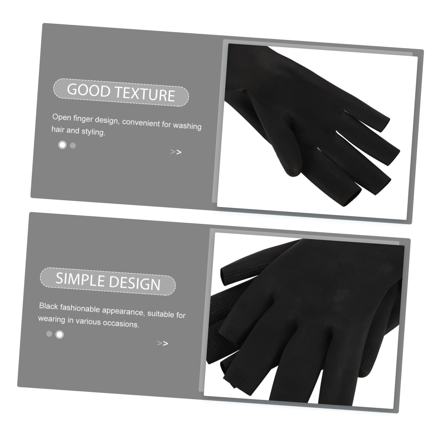Black latex hair dye wash gloves worn on hands illustrating fingerless dexterity.