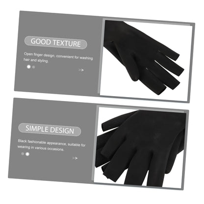 Black latex hair dye wash gloves worn on hands illustrating fingerless dexterity.