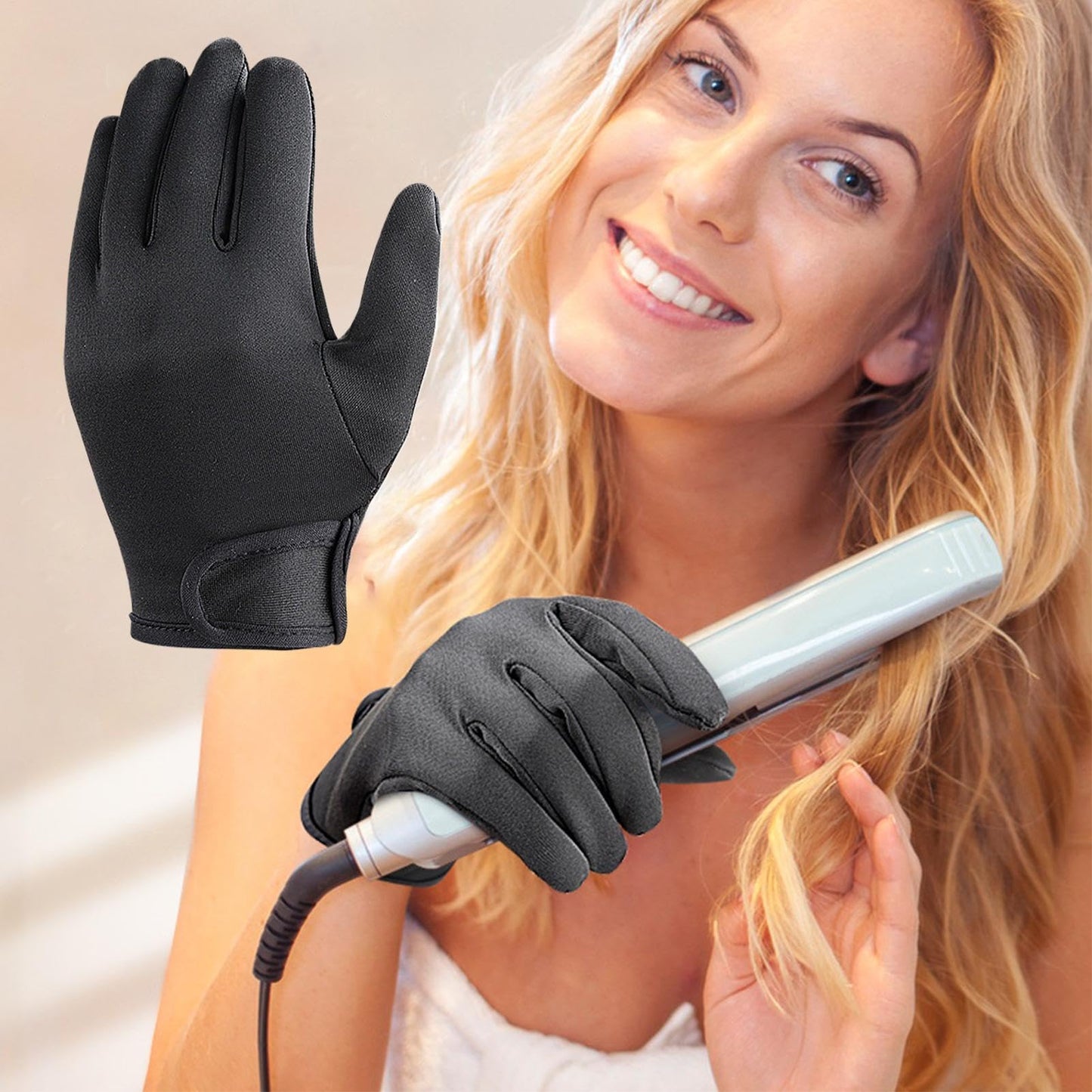 Black heat proof styling mitt featuring adjustable hook and loop wrist strap closure