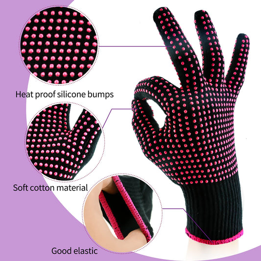 Two thermal gloves with silicone bumps and colorful hair sectioning clips for safe curling