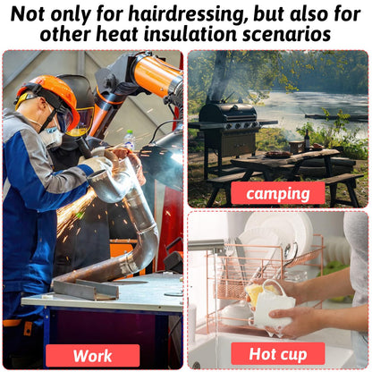 Three finger hair styling gloves being used with a hot curling iron tool.