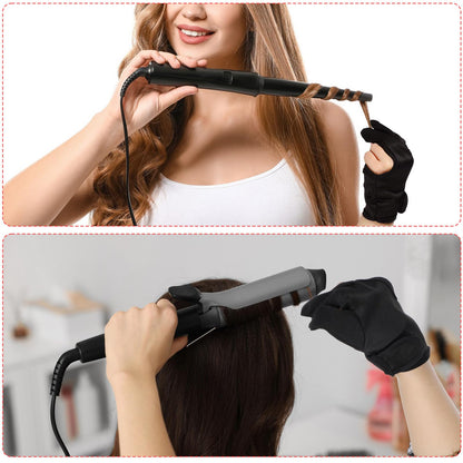 Two pieces set of black heat proof mittens for safe flat iron handling.