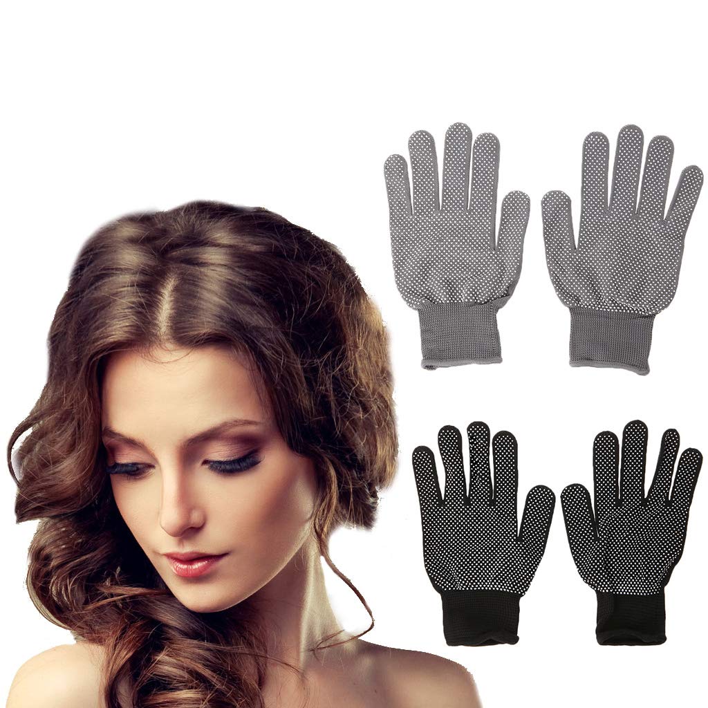 Double sided professional heat blocking gloves laid flat on a styling table