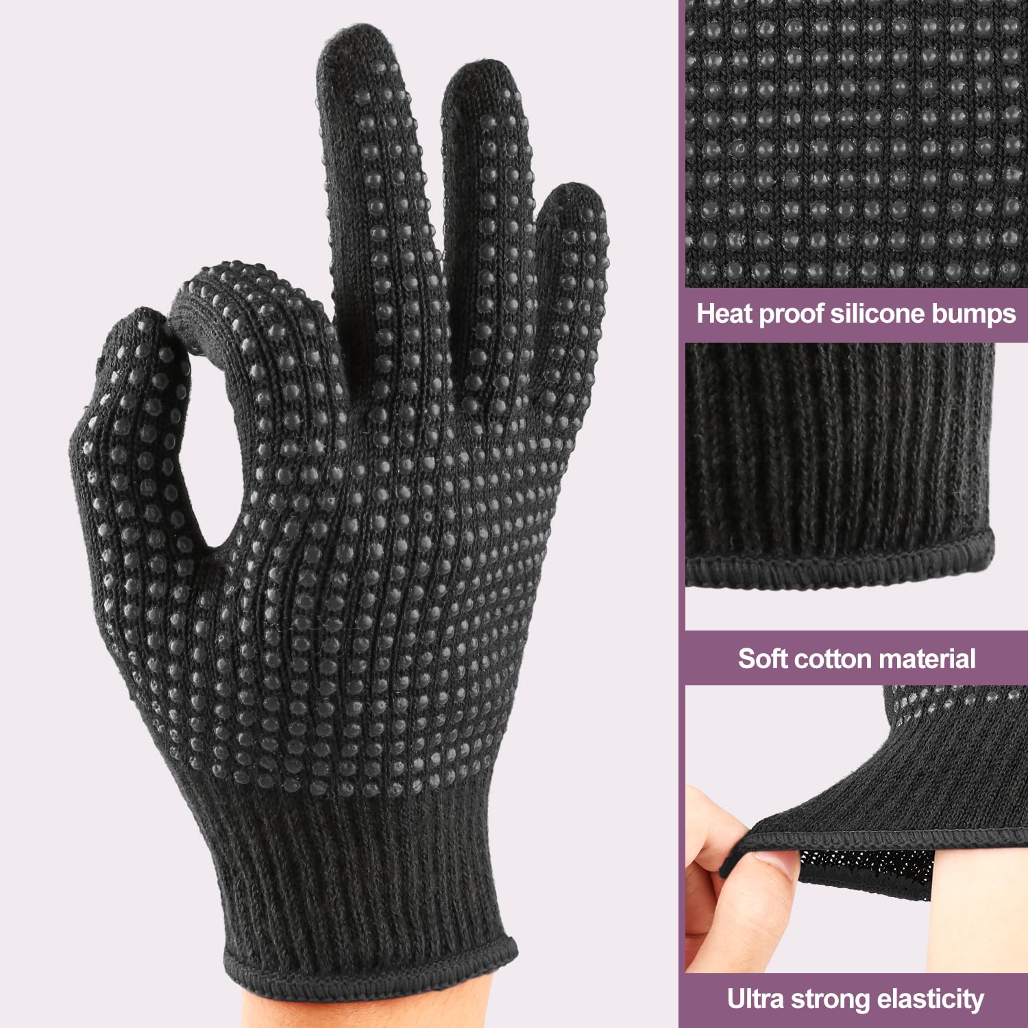 Close up of the thermostable silicone nodules on the professional hair styling mitts.