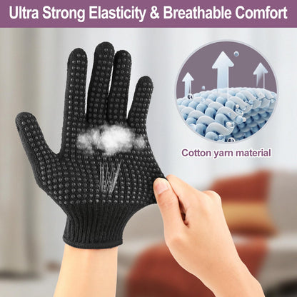 Pair of black heat proof gloves laid flat demonstrating the universal flexible fit.