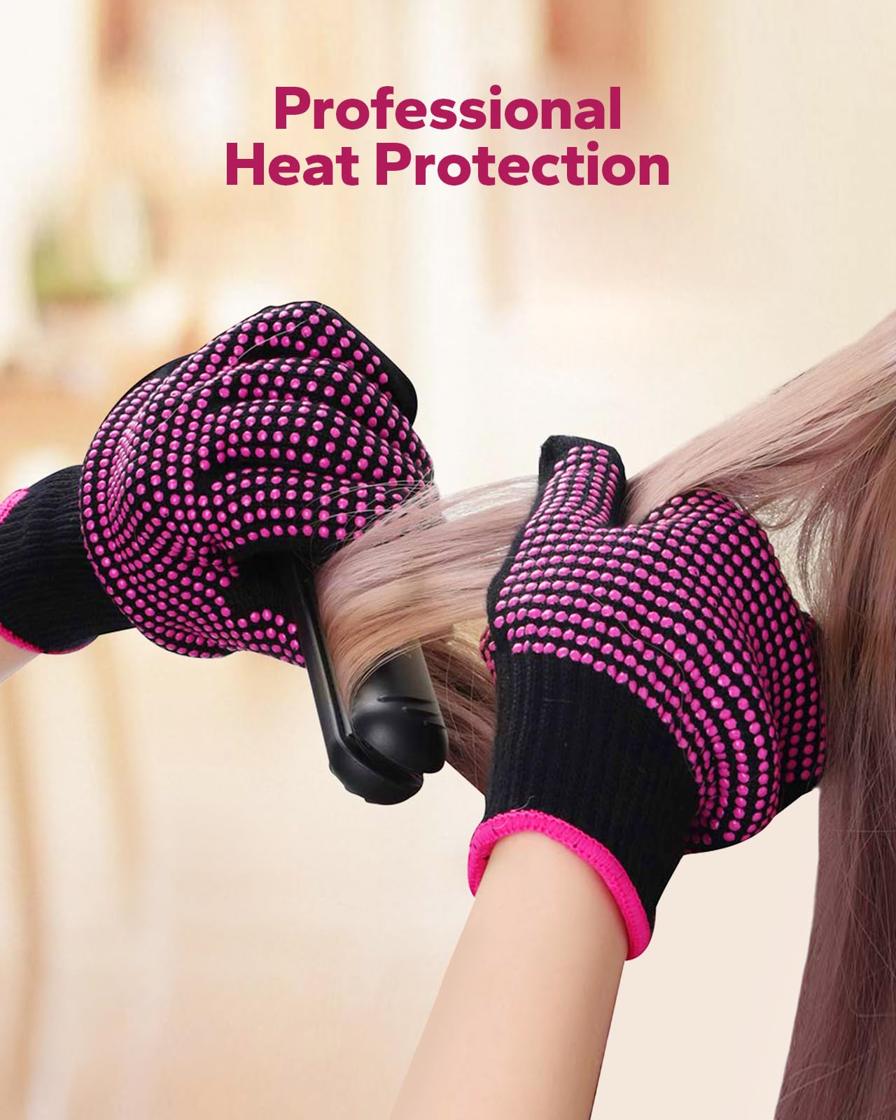 Force NXT professional heat proof gloves worn during hair styling with a curling iron