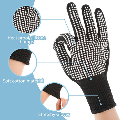 Thermal barrier hair styling gloves protecting fingers from hot curling iron wands.
