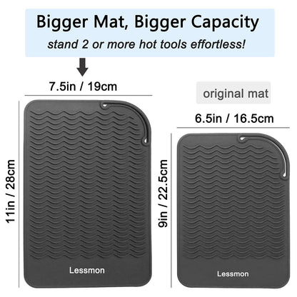 Black silicone protective mat rolled up compactly alongside the included heat resistant styling glove