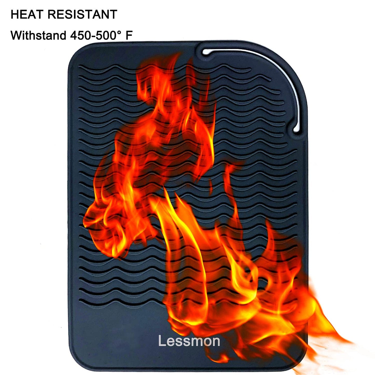 Lessmon curling iron mat demonstrating heat protection for delicate bathroom and bedroom surfaces