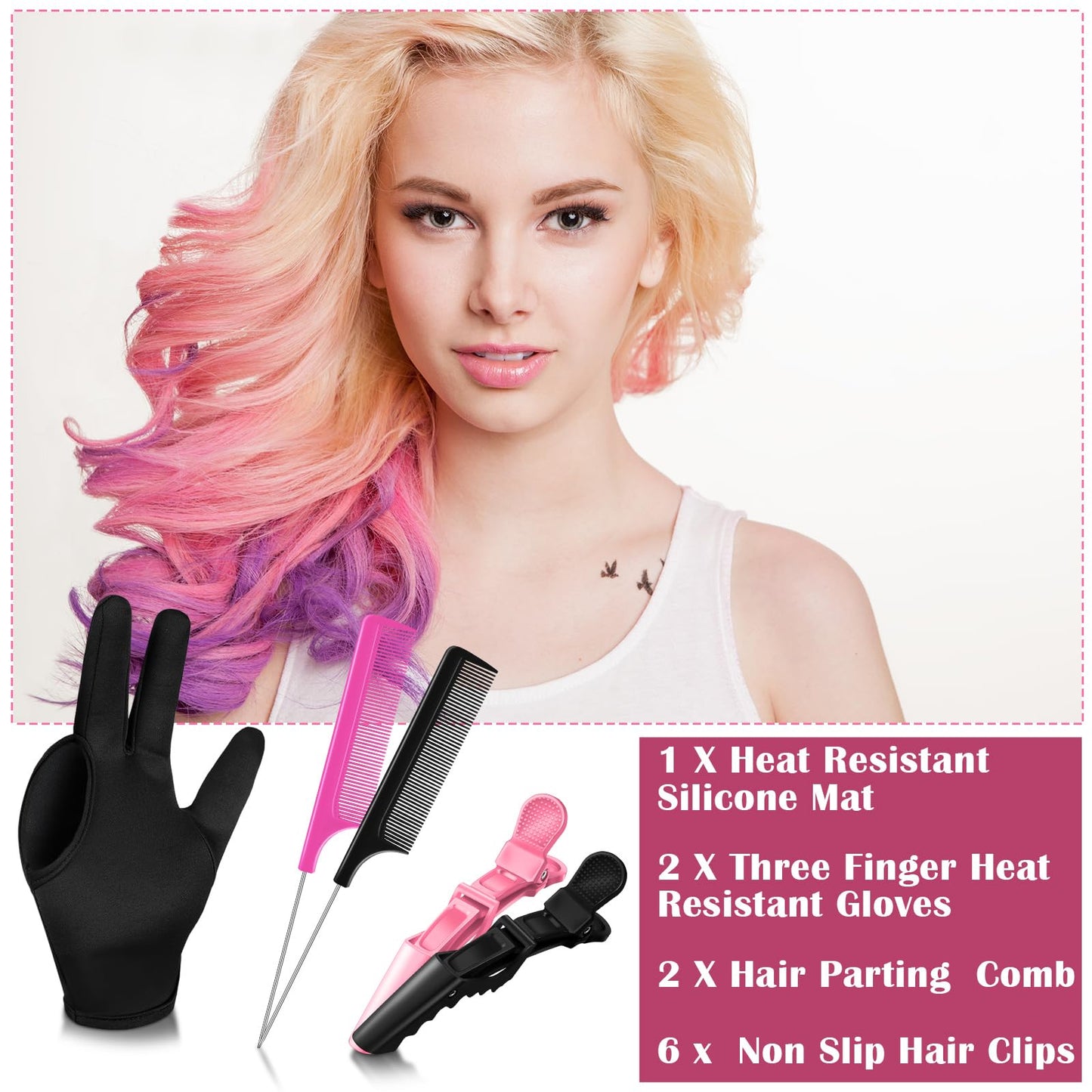 Skyley three finger heat protection gloves and pink alligator clips styling layout