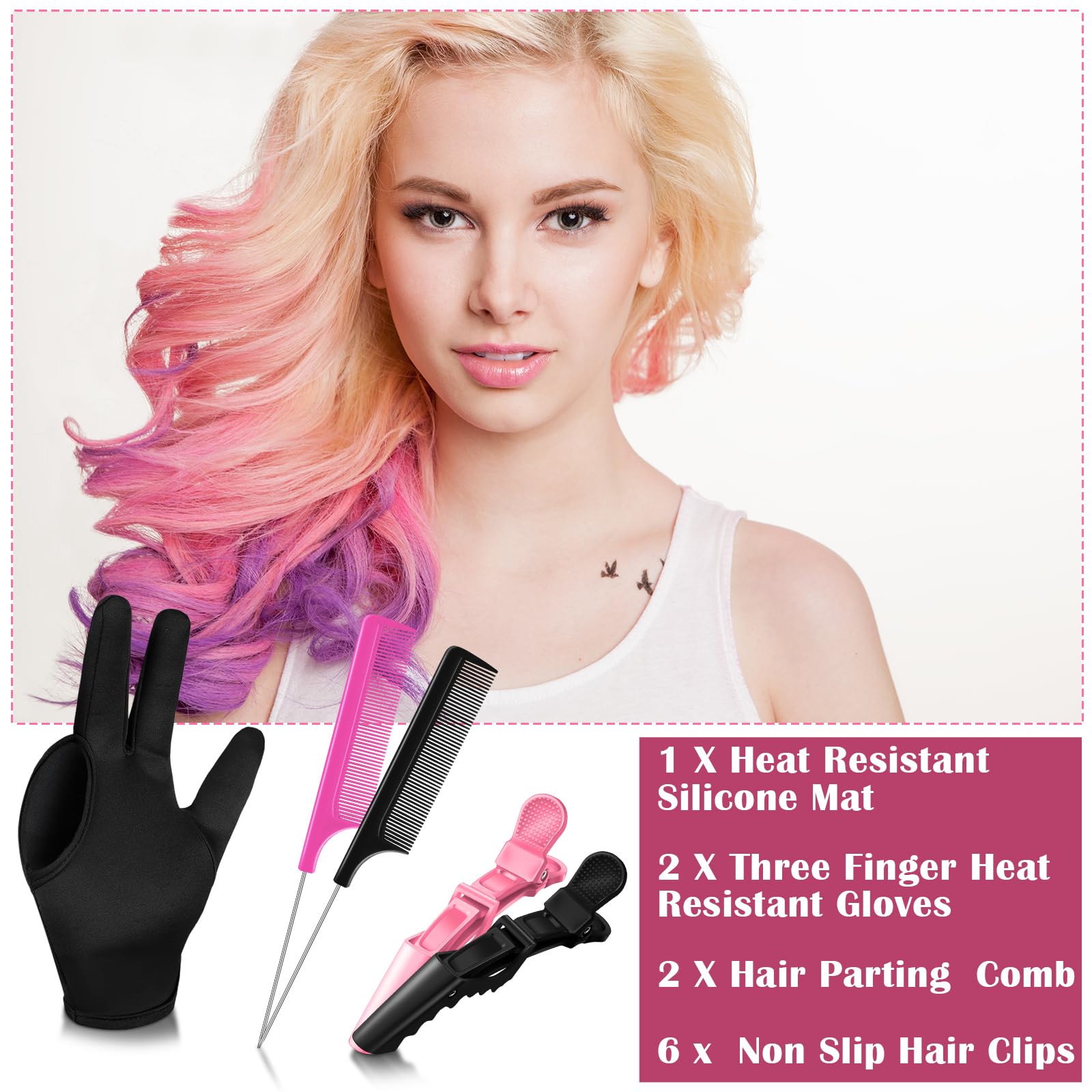 Skyley three finger heat protection gloves and pink alligator clips styling layout