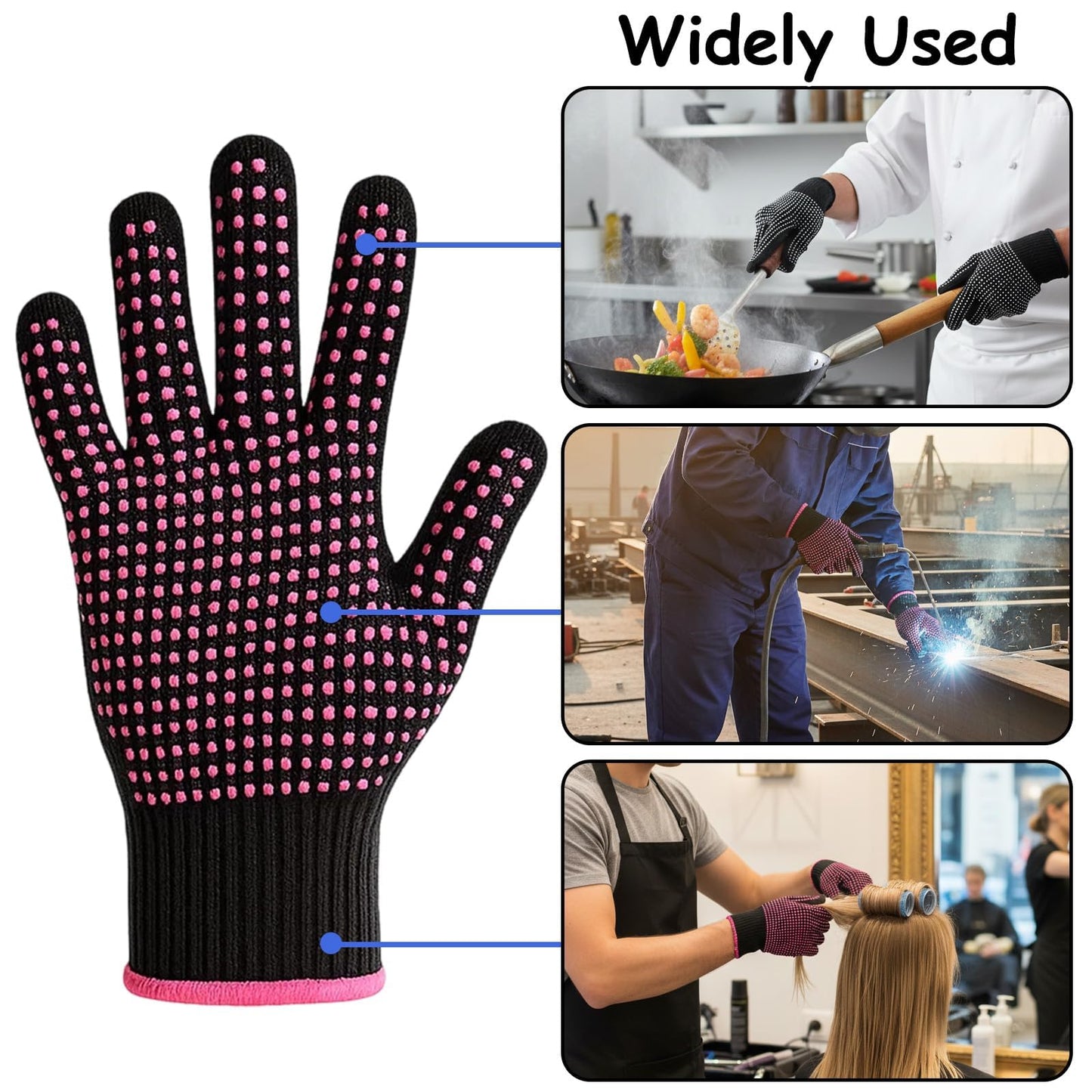 Four pack of black and rose pink salon professional heat gloves with flexible cuffs.
