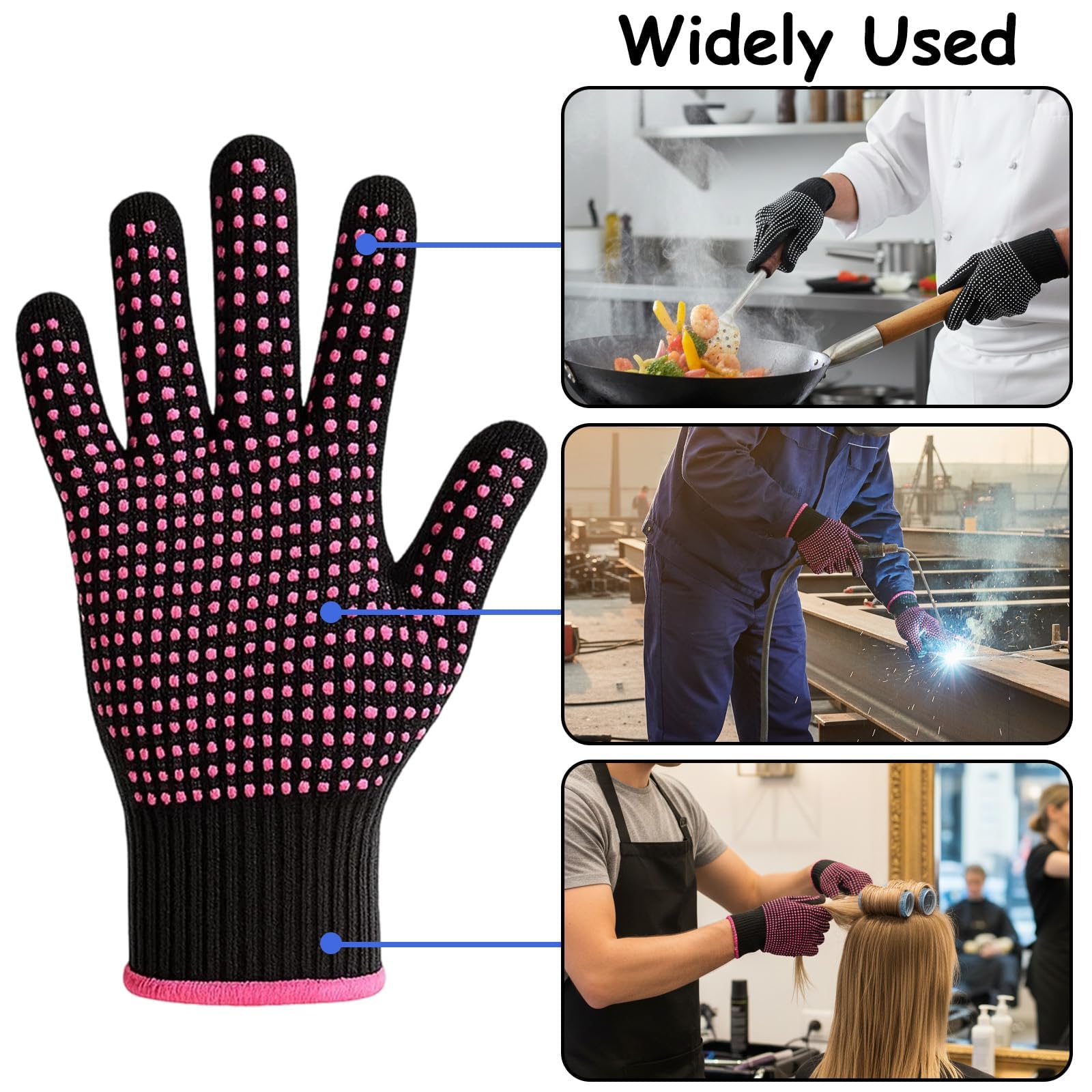 Four pack of black and rose pink salon professional heat gloves with flexible cuffs.