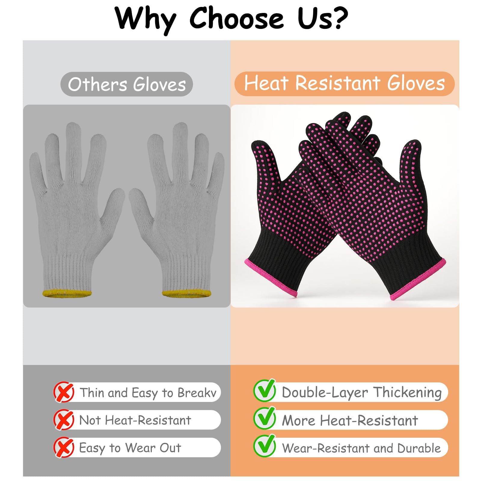 Ambidextrous heat resistant styling gloves showing the comfortable stretch fit on hands.