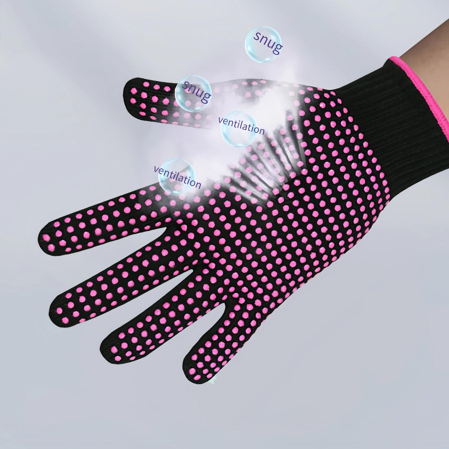 Close up view of the double sided thermostable silicone dots on the black hair stylist glove for non slip grip