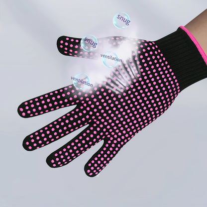 Close up view of the double sided thermostable silicone dots on the black hair stylist glove for non slip grip