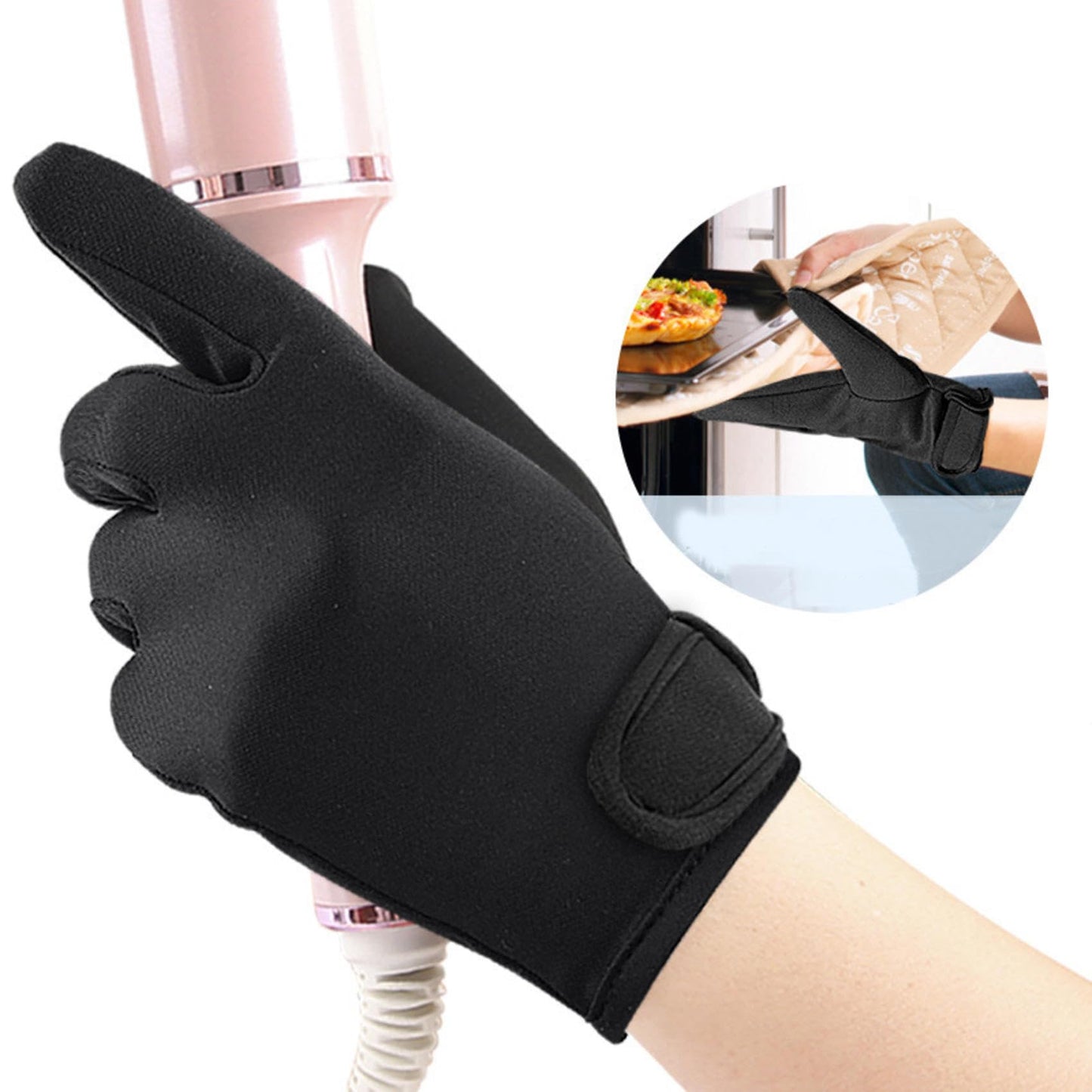 Black heat blocking glove designed for curling wands and flat iron protection.