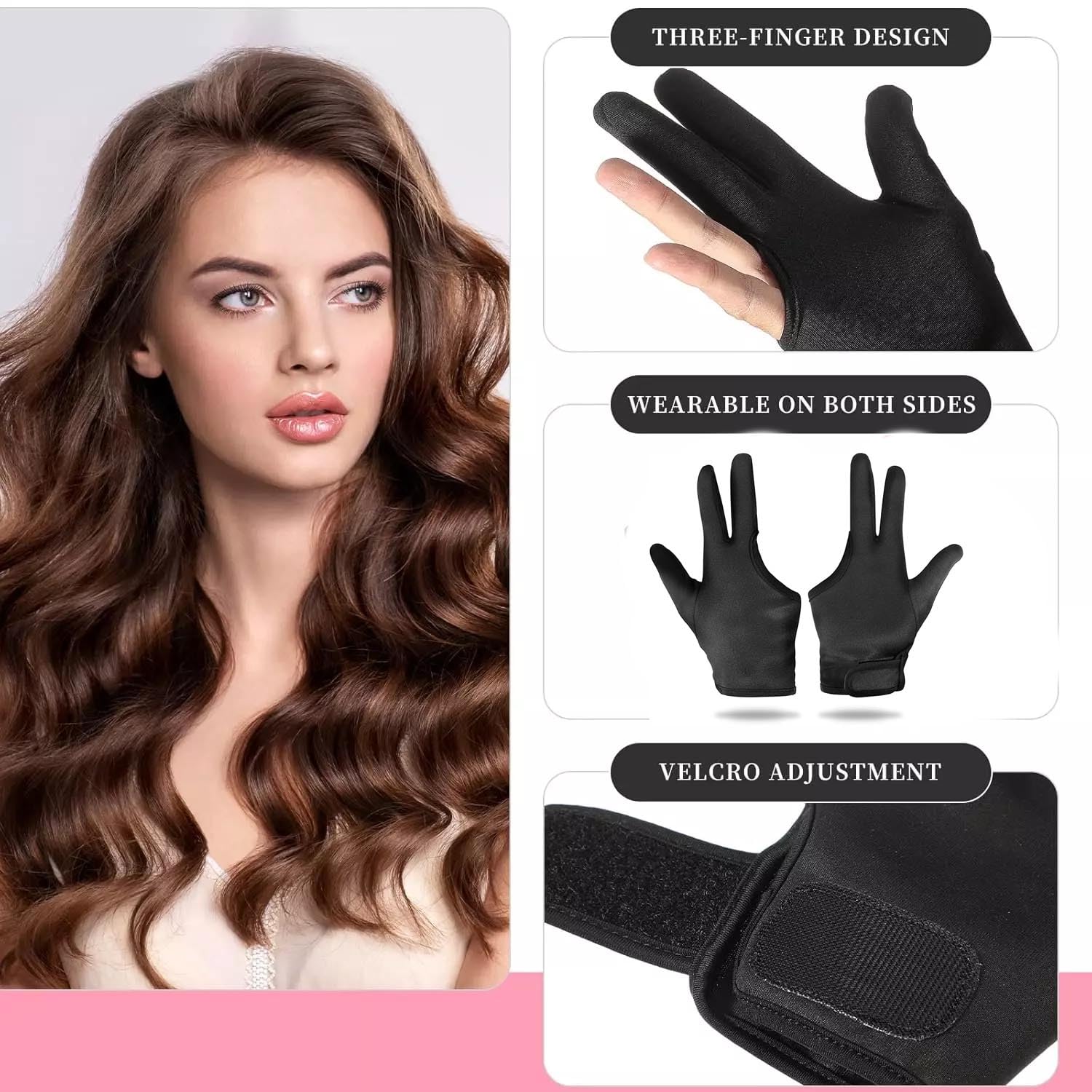 Three finger thermal protection glove with adjustable wrist strap for hair straightening