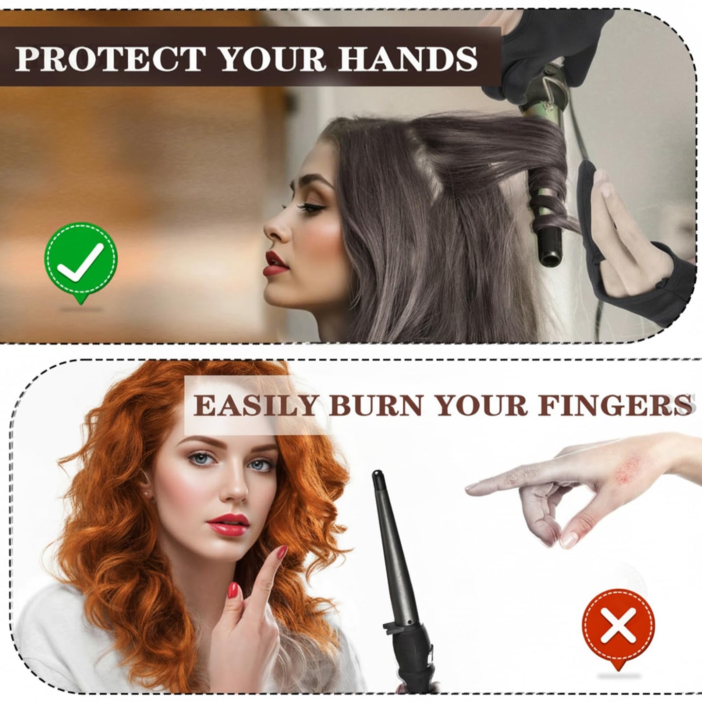 Sibba fingerless heat blocking glove being used with a curling iron.