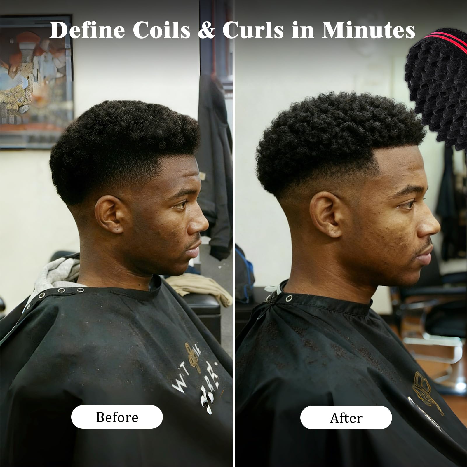 Close up of the red and black double sided curl sponge brush showing the large styling holes