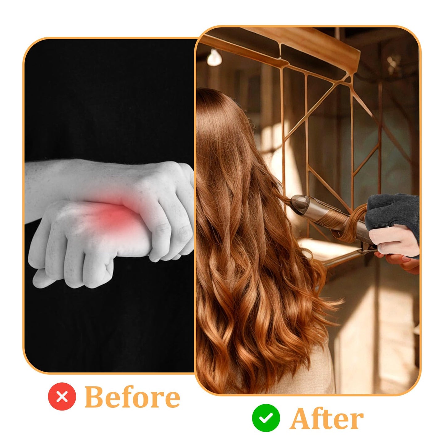 Three finger thermal hair styling glove being worn to demonstrate universal fit.
