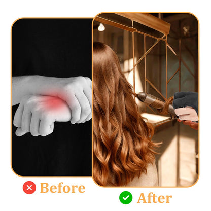 Three finger thermal hair styling glove being worn to demonstrate universal fit.