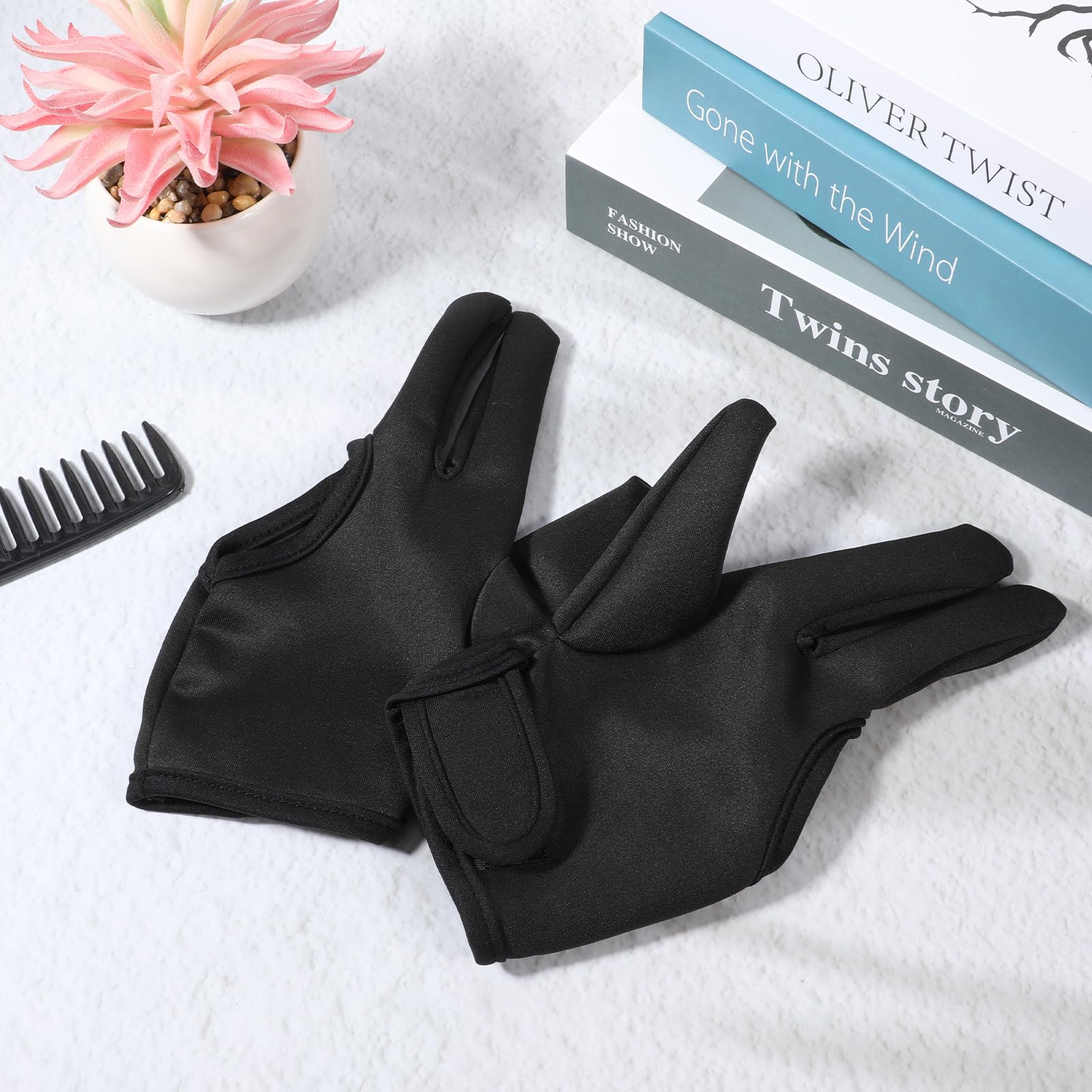 Psyqtsuary heat proof gloves for flat iron and curling wand safety demonstration.