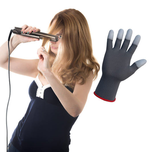 Thermal styling gloves close up highlighting the specialized heat blocking fingertip coating