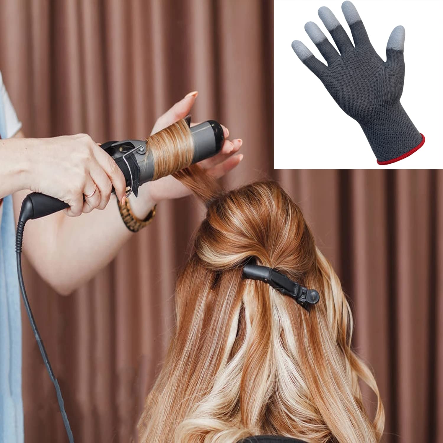 One size fits all heat lock curling gloves laid flat displaying the stretchable wrist cuffs