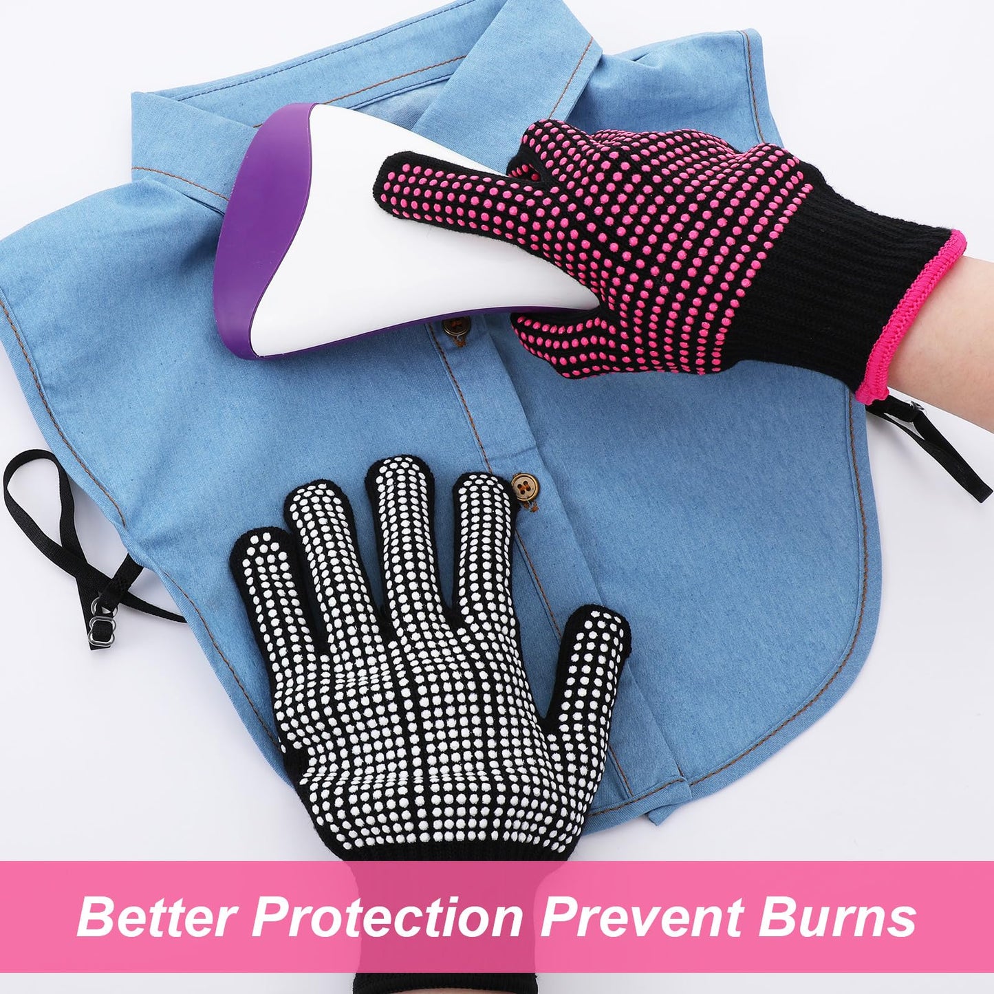 Model wearing the thermal styling glove while safely holding a hot curling wand barrel.