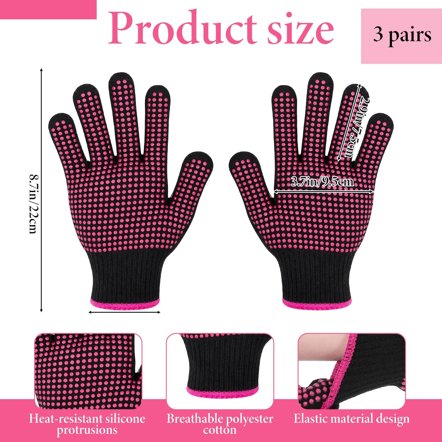 Three pairs of pink and black thermal hair styling gloves laid out