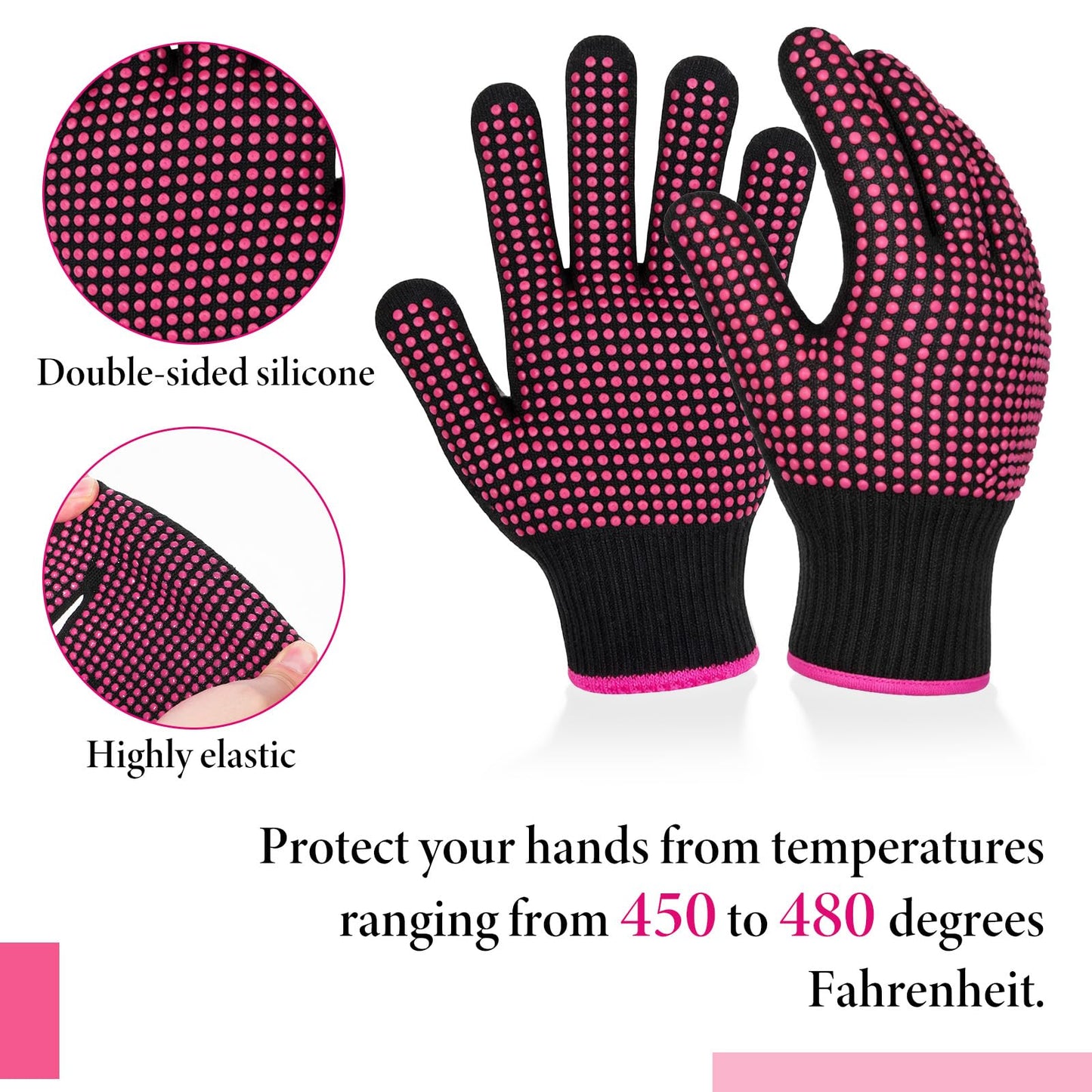 Stretchy universal fit material of hair tool safety glove being worn