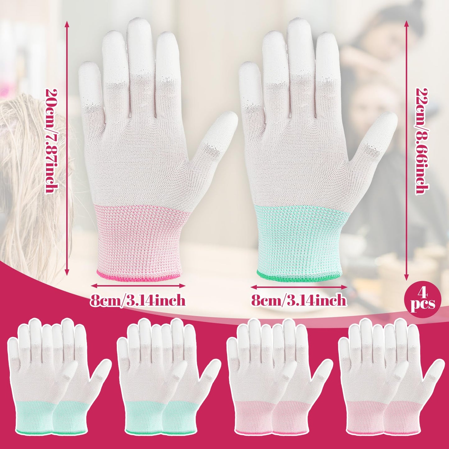 Four pairs of thermal protective gloves for curling irons laid out on a clean background.