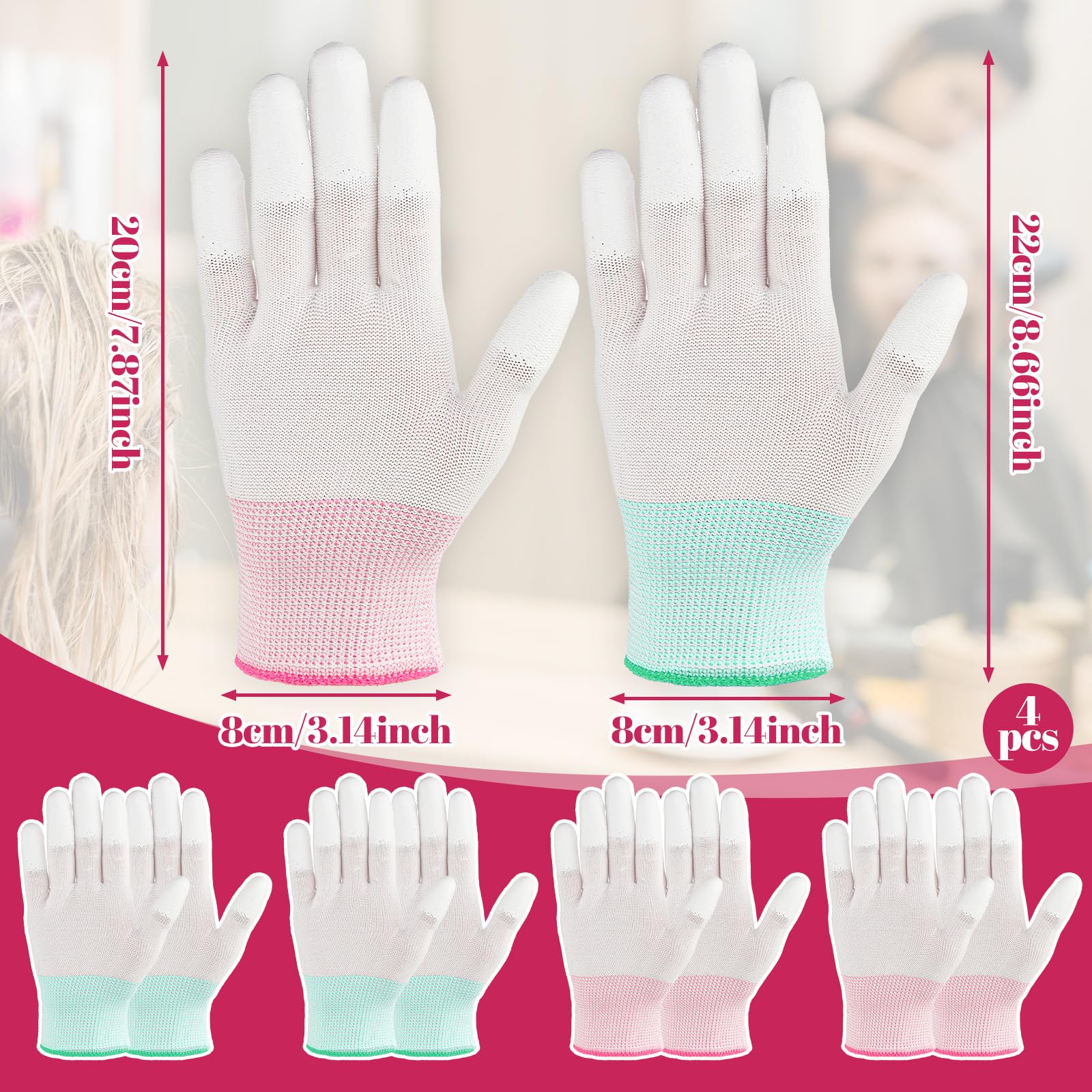 Four pairs of thermal protective gloves for curling irons laid out on a clean background.