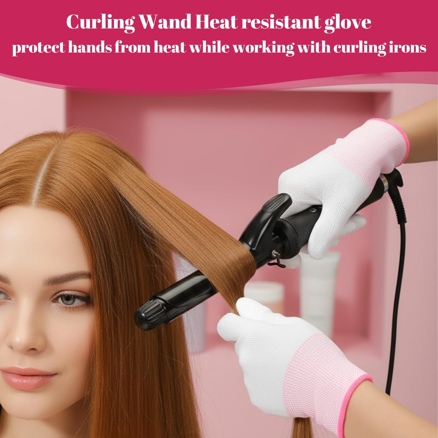 Packaging contents of the four pairs of green and pink hairdressing gloves.