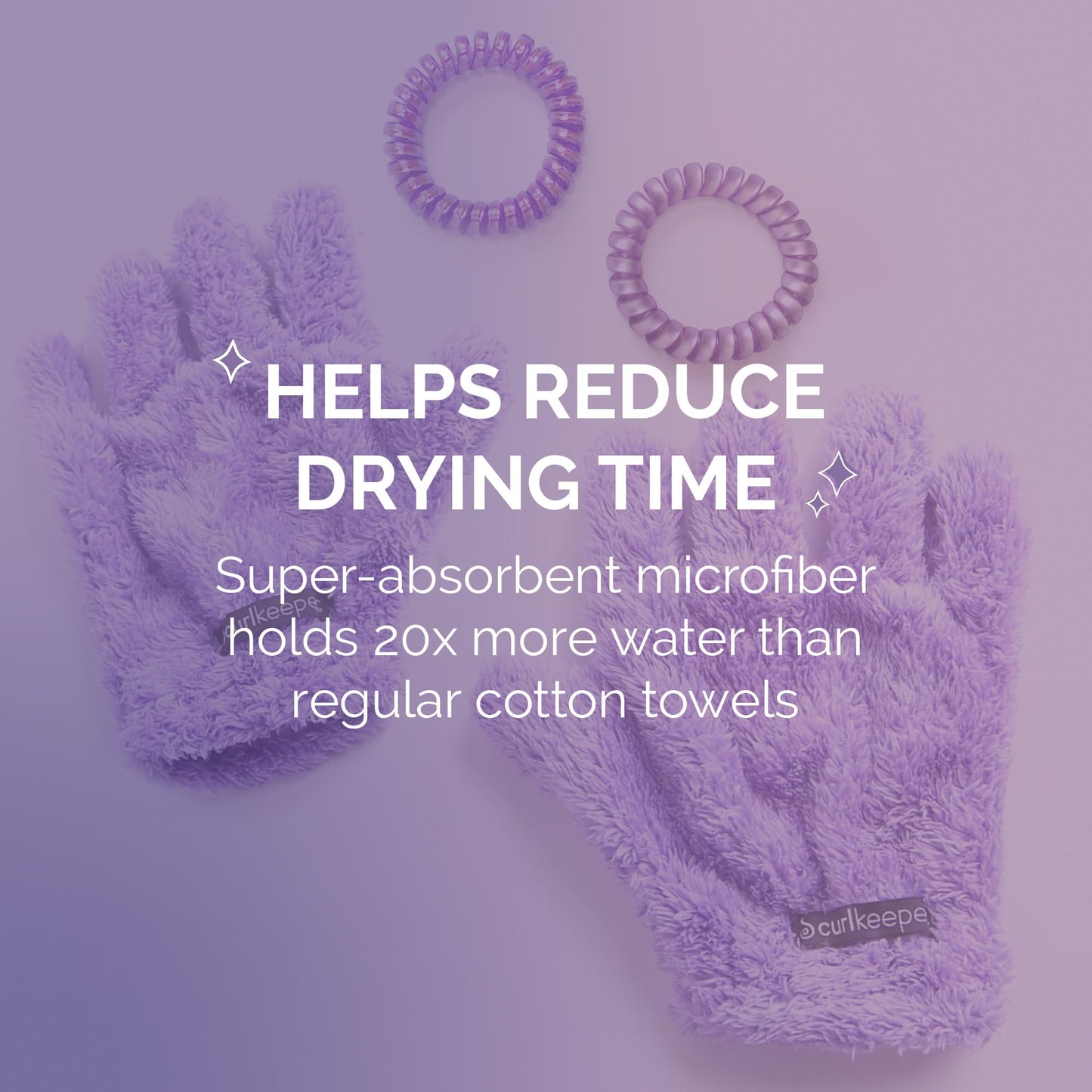 Demonstration of the purple microfiber gloves being used to scrunch and define wet curly hair.