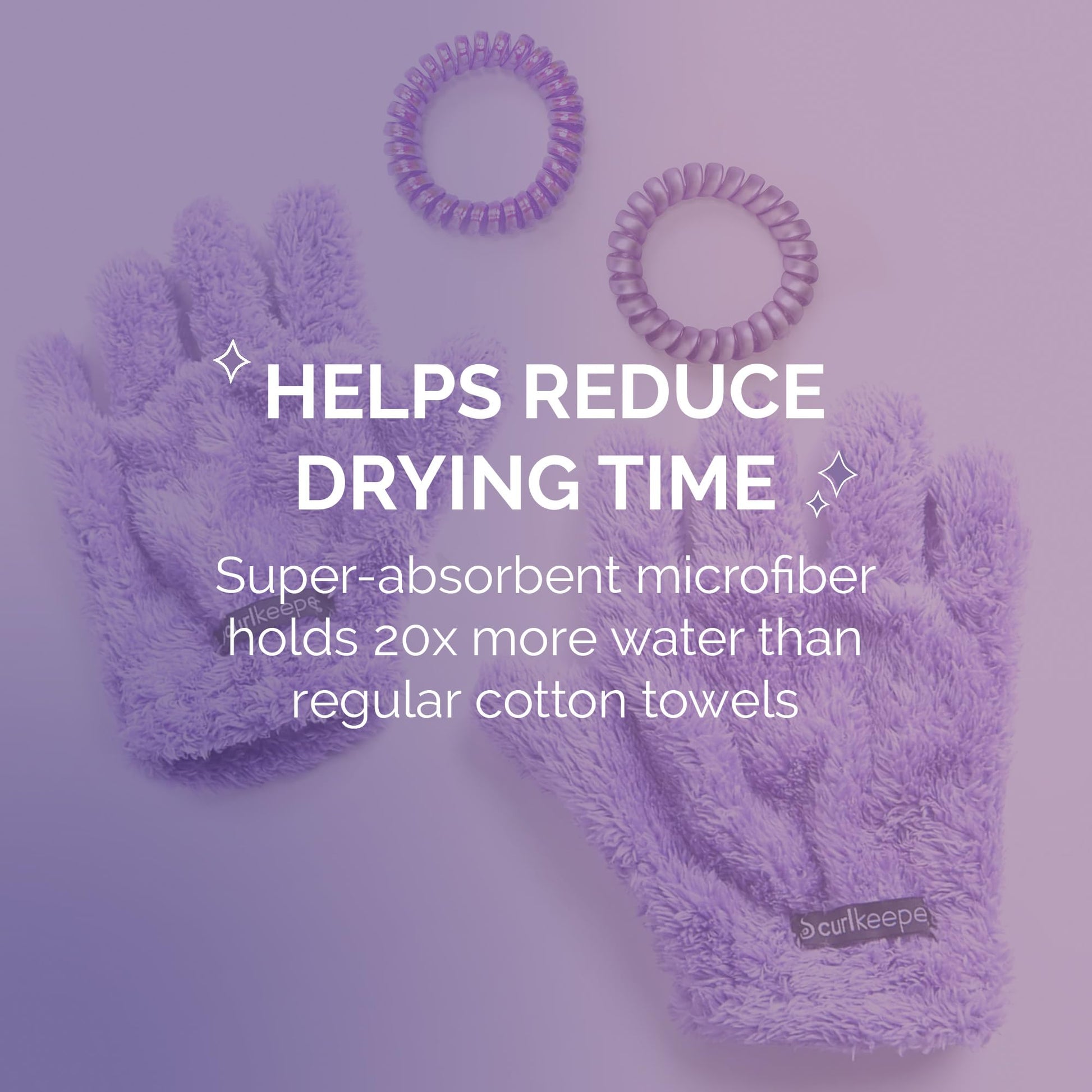 Demonstration of the purple microfiber gloves being used to scrunch and define wet curly hair.