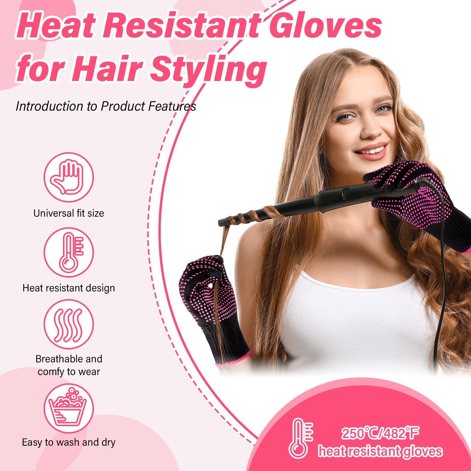 Suhine hair styling gloves showcasing the stretchable and breathable polyester cotton fabric.
