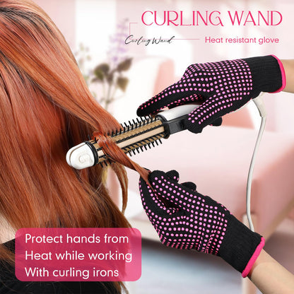 Six pieces of pink and black heat press gloves laid out to showcase universal fit size.