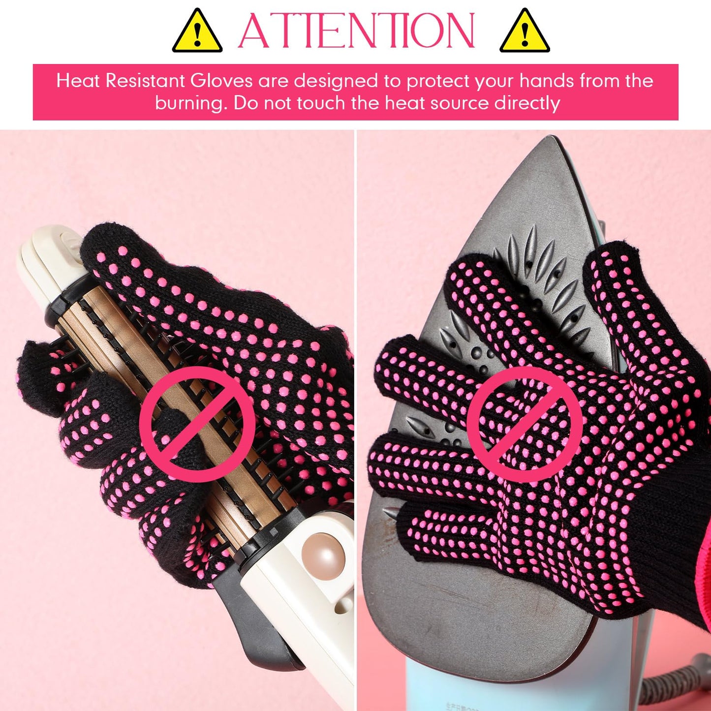 Ambidextrous design of the pink Riyiper thermal safety gloves demonstrating stretchable fit.