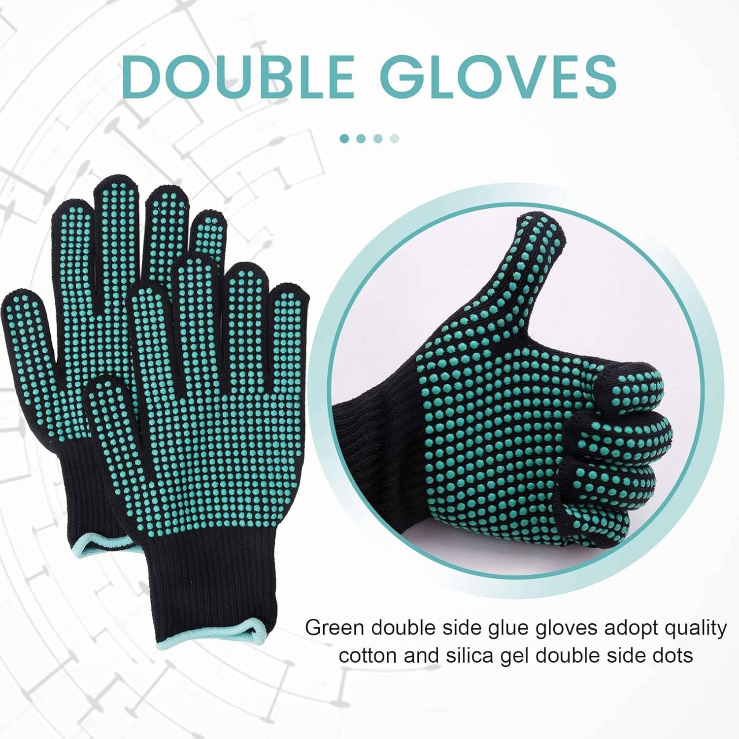 Ambidextrous heat proof glove with non slip silicone bumps for curling iron control
