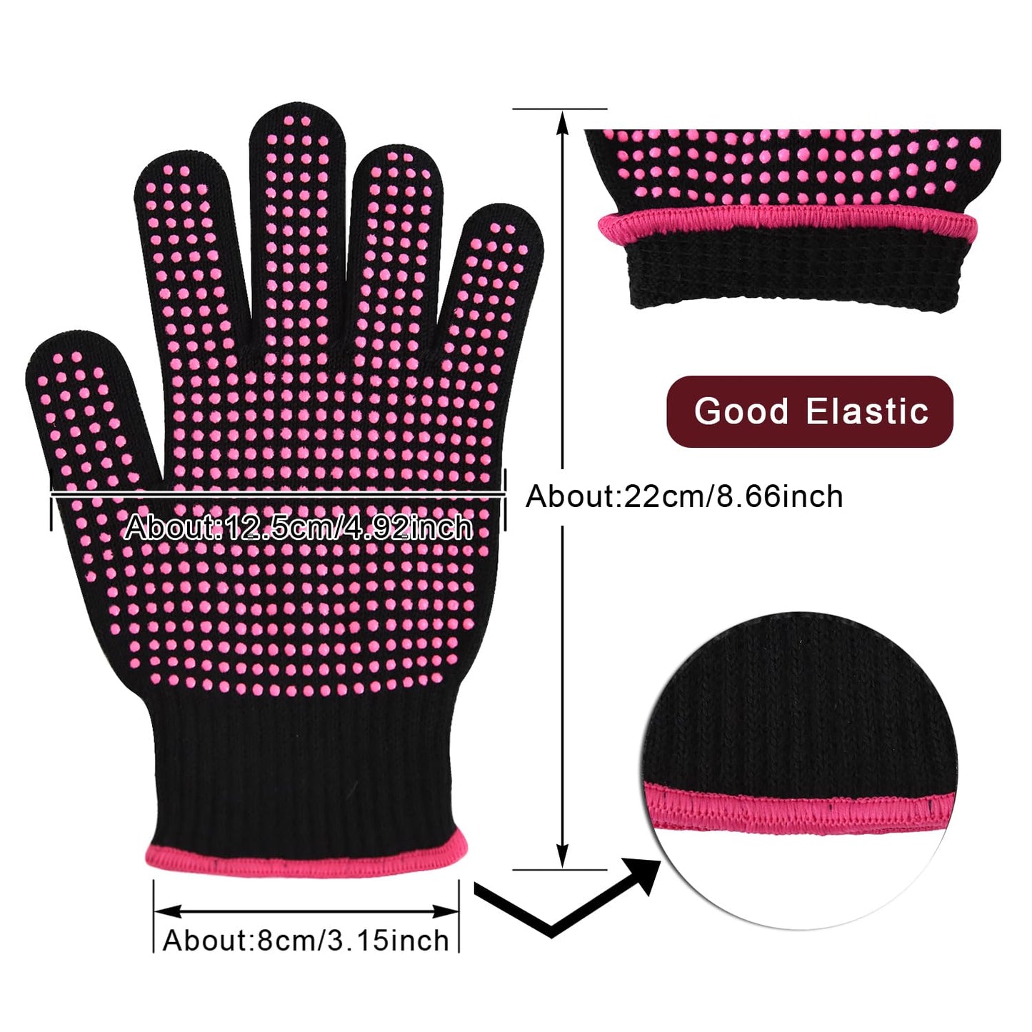 A pair of stretchable black styling gloves with pink heat blocking silicone nodules placed on a flat surface.