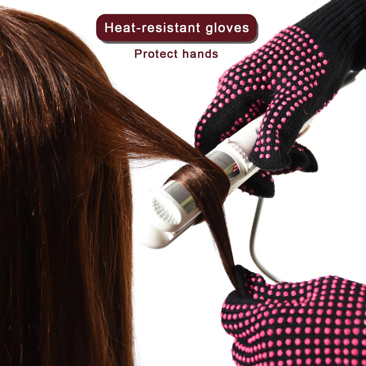 Demonstration of the flexible fabric stretching to fit a hand comfortably for safe flat iron handling.