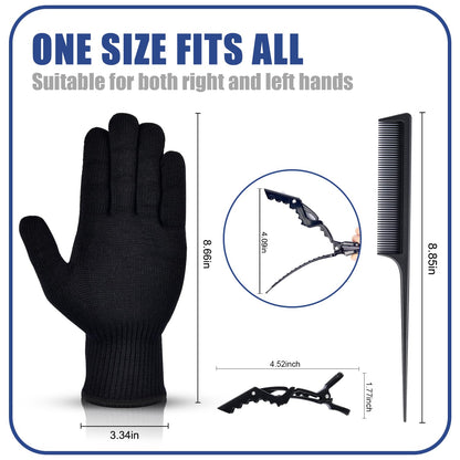 IKOCO thermal styling gloves set with two black salon clips and one black tail comb